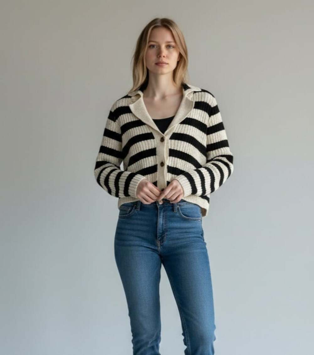 Maeve Anthropologie Striped Cardigan Sweater Size Small Black White Gold Crest B
